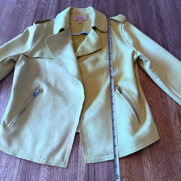 Philosophy Women’s Sz S Mustard Yellow Open Front Faux Leather Jacket Moto Style - Picture 9 of 10